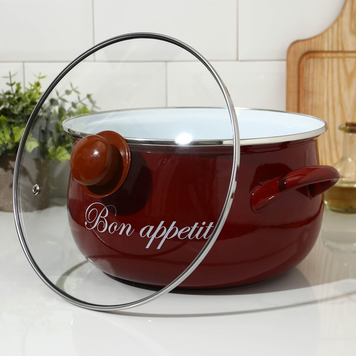 Кастрюля эмалированная «Бордо», 5,7 л, стеклянная крышка, индукция, цвет бордовый Кастрюля эмалированная «Бордо», 5,7 л, стеклянная крышка, индукция, цвет бордовый