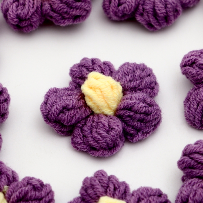 Цветок вязаный, набор 10 шт., размер 1 шт., 4 × 1,5 см, цвет фиолетовый Цветок вязаный, набор 10 шт., размер 1 шт., 4 × 1,5 см, цвет фиолетовый