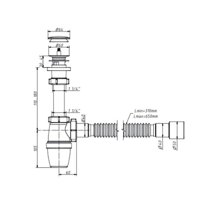 Сифон для раковины ORIO АР-3203, 1 1/4 х 40 мм, пластиковый клик-клак, с гофрой 40х40/50 мм Сифон для раковины ORIO АР-3203, 1 1/4 х 40 мм, пластиковый клик-клак, с гофрой 40х40/50 мм
