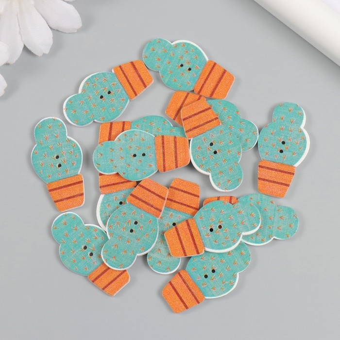 Пуговицы дерево для творчества 2 прокола Пуговицы дерево для творчества 2 прокола "Кактус в горшке" набор 15 шт 1,9х3,3 см