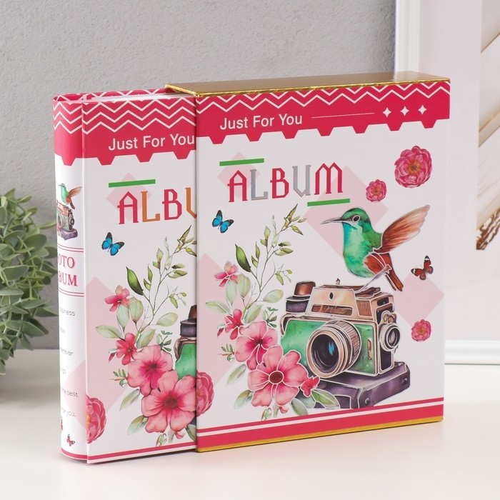 Фотоальбом на 100 фото 10х15 см  Фотоальбом на 100 фото 10х15 см "Камера и колибри" серебро, в коробке МИКС 5,5х20.8х26 см