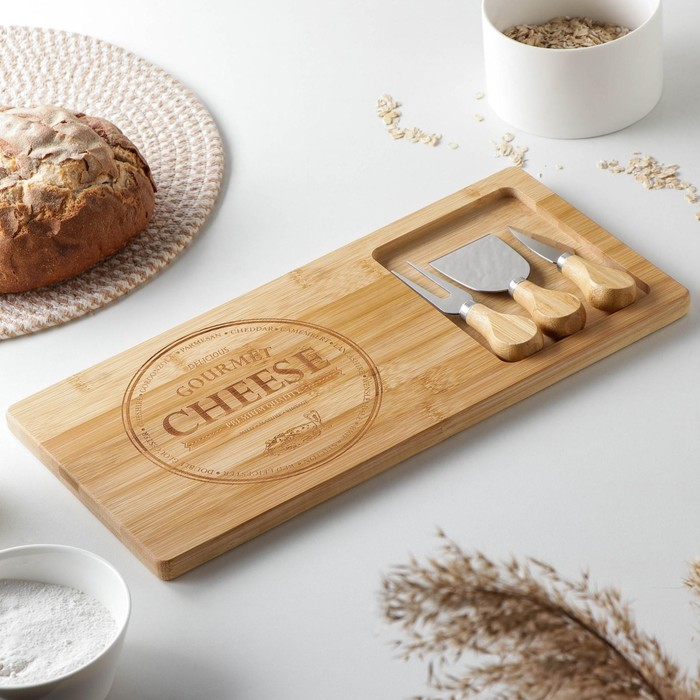 Набор для подачи сыра Доляна Cheese, 3 ножа, доска 38×18,5 см, бамбук Набор для подачи сыра Доляна Cheese, 3 ножа, доска 38×18,5 см, бамбук