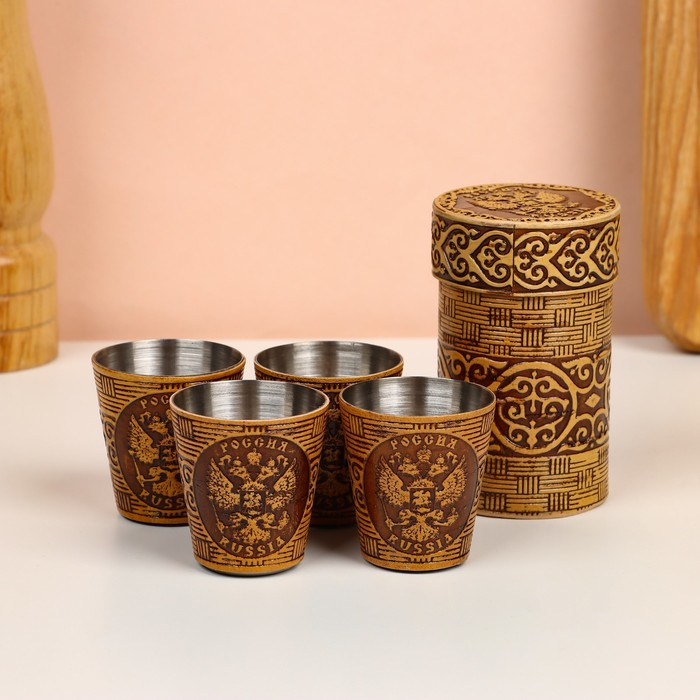 Набор стопок «Герб России», 4 шт, в тубусе, 4,5×4,5×9 см, береста Набор стопок «Герб России», 4 шт, в тубусе, 4,5×4,5×9 см, береста