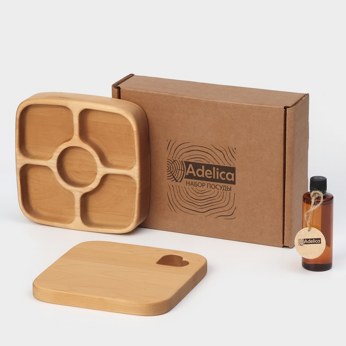 Подарочный набор деревянной посуды Adelica, доска сервировочная, менажница 5 секций, масло для пропитки в подарок 100 мл, берёза Подарочный набор деревянной посуды Adelica, доска сервировочная, менажница 5 секций, масло для пропитки в подарок 100 мл, берёза