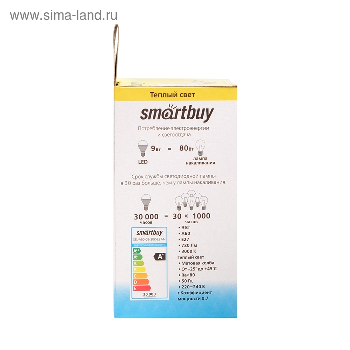 Лампа cветодиодная Smartbuy, E27, A60, 9 Вт, 3000 К, теплый белый свет Лампа cветодиодная Smartbuy, E27, A60, 9 Вт, 3000 К, теплый белый свет