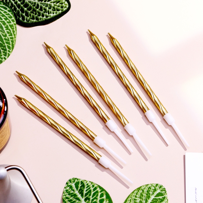 Свечи в торт  Свечи в торт "Металлик" , 14 см, 6шт с подставкой, золотистые