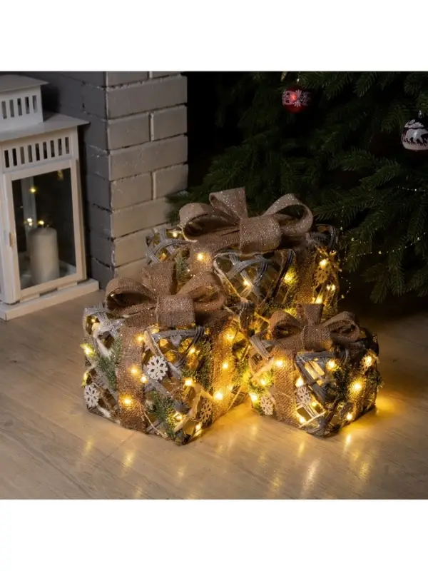 Светодиодная фигура &laquo;Подарки с еловой веткой&raquo; 15, 20, 25 см, текстиль, металл, от батареек AAх2, свечение тёплое белое