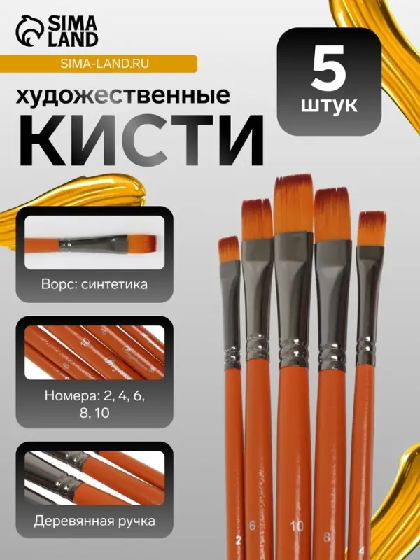 Набор кистей для рисования, синтетика, 5 штук: № 2, 4, 6, 8, 10, плоские, в блистере, международный размер