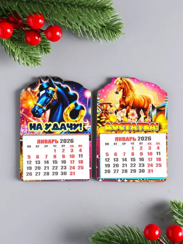 Набор новогодних магнитов-календарей, 2 шт, "На удачу, Достатка" 9,5х6,5 см