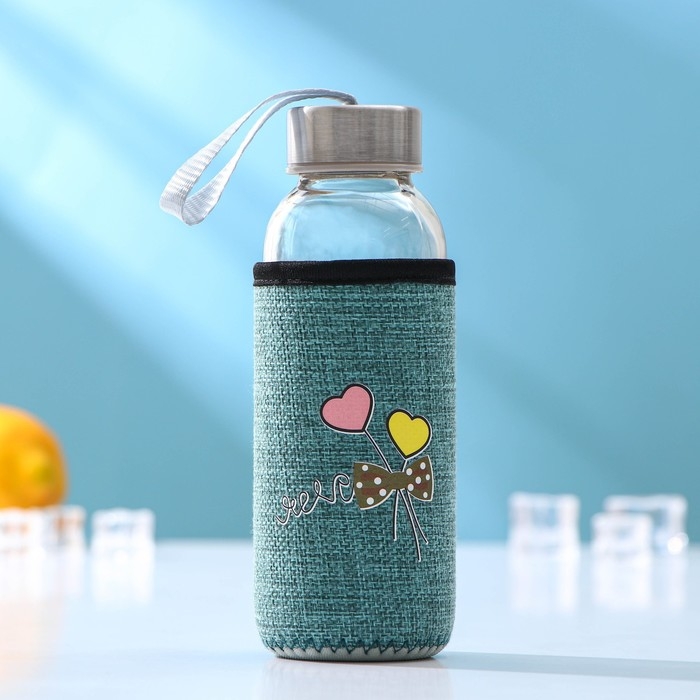 Бутылка для воды стеклянная в чехле «Бантик», 300 мл, h=16,5 см, цвет МИКС