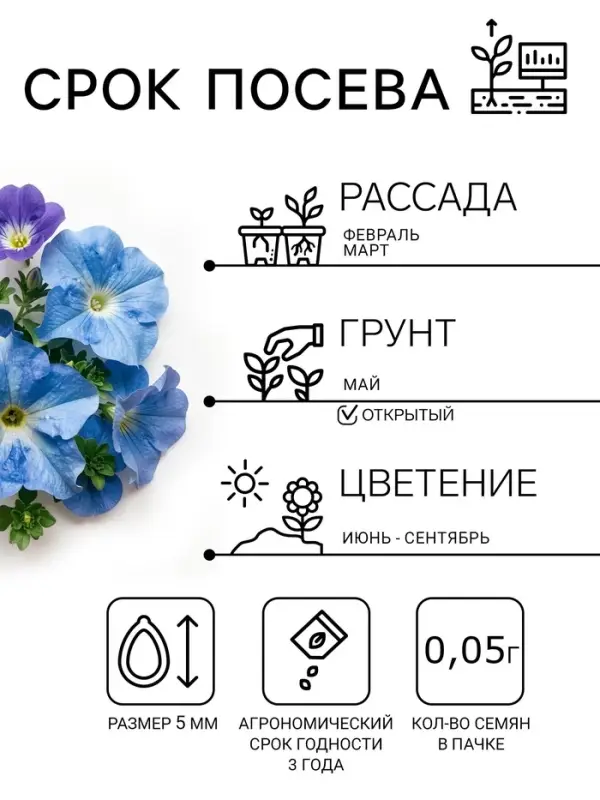 Семена цветов Петуния крупноцветковая &laquo;Мондиаль&raquo;, голубая, F1, в ампуле, 0.01 г, &laquo;УРОЖАЙ УДАЧИ&raquo;