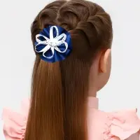 Бант для волос на резинке &laquo;Школьница&raquo;, ленточка и бусинки, d=7 см, сине-белый