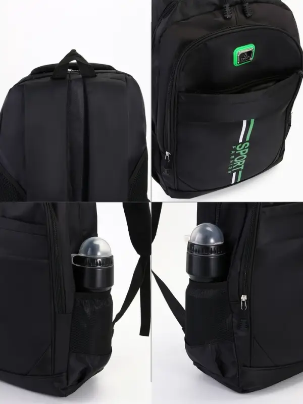 Рюкзак школьный на молнии, с карманами, однотонный, размер 31&times;14&times;47 см, чёрный/зелёный