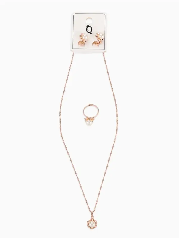 Гарнитур 3 предмета: серьги, кулон, кольцо безразмерное &laquo;Эдель&raquo;, с жемчугом цветок, белые в золоте, 45 см