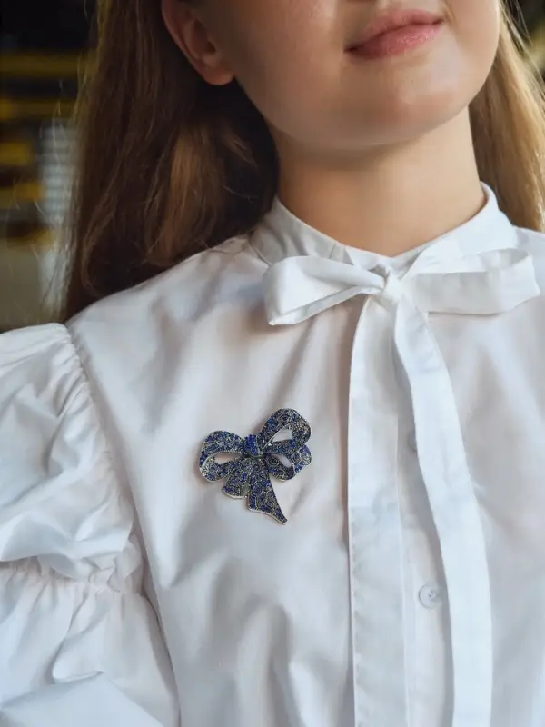 Брошь &laquo;Бант&raquo;, узорчатый, цвет бело-синий в чернёном серебре МИКС