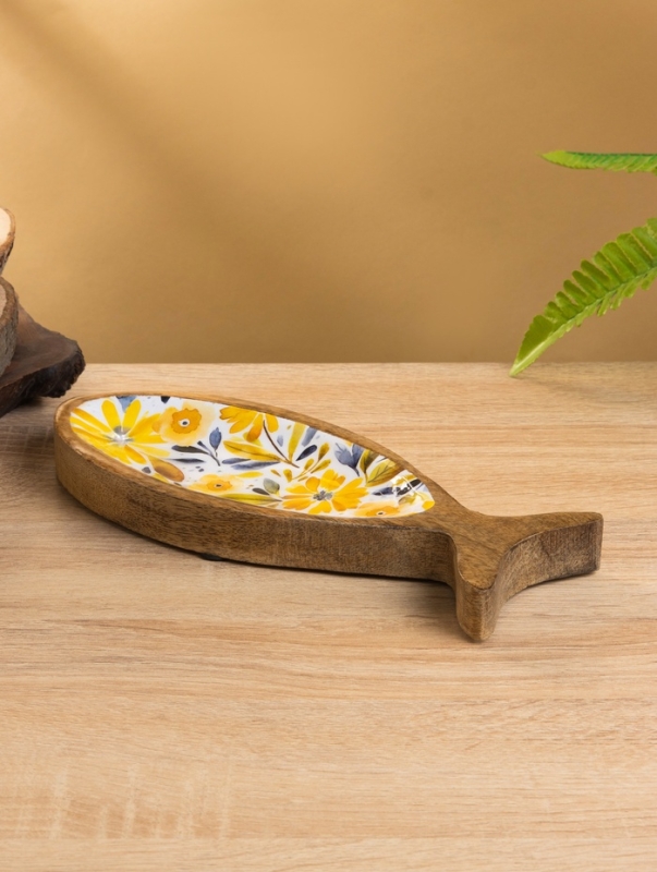 Блюдо в форме рыбки Блюдо в форме рыбки "Желтые и синие цветы" дерево манго 25,5х10х2 см