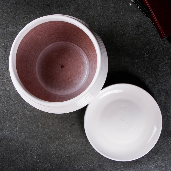 Горшок цветочный с поддоном 6,5 л, белый керамика, Горшок цветочный с поддоном 6,5 л, белый керамика, "Сатурн" (М)