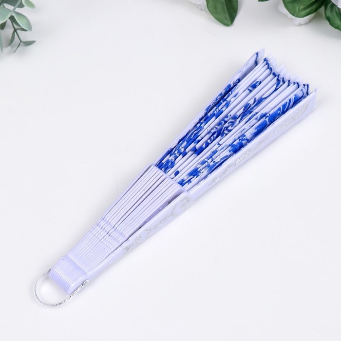 Веер пластик, текстиль  Веер пластик, текстиль "Синий рисунок на белом" МИКС 23 см