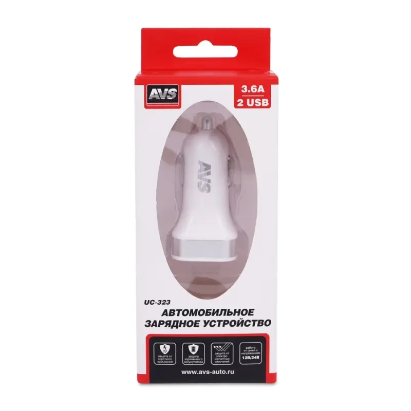 USB автомобильное зарядное устройство AVS 2 порта UC-323 (3,6А)