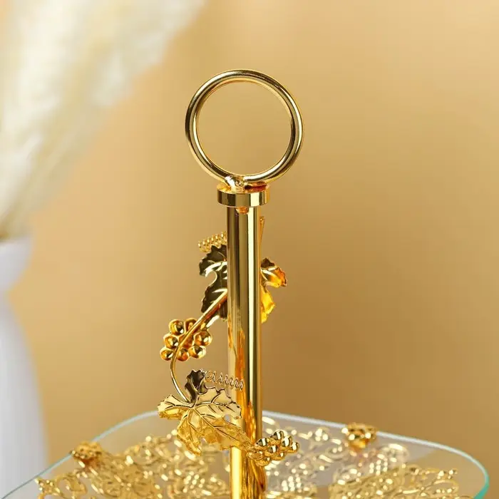 Этажерка-фруктовница квадратная, 2 яруса, 29&times;29 см, 17&times;17 см, высота 43 см, стекло, золотистая