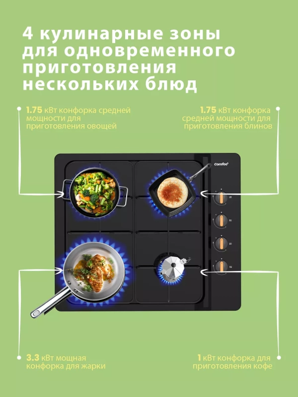 Газовая варочная панель CGH600B, 60 см, черная эмаль Газовая варочная панель CGH600B, 60 см, черная эмаль