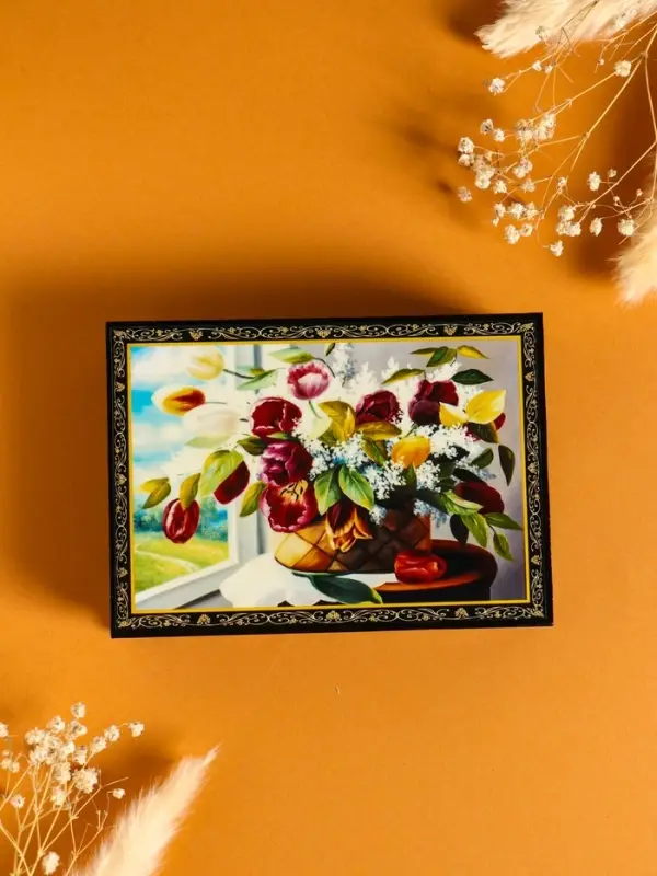 Шкатулка «Цветы в корзине», 10×14 см, лаковая миниатюра