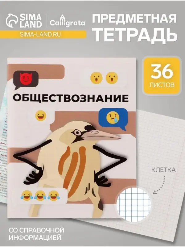 Предметная тетрадь по обществознанию Calligrata &laquo;Животные мемы&raquo;, 36 листов, в клетку, со справочным материалом, обложка из мелованной бумаги