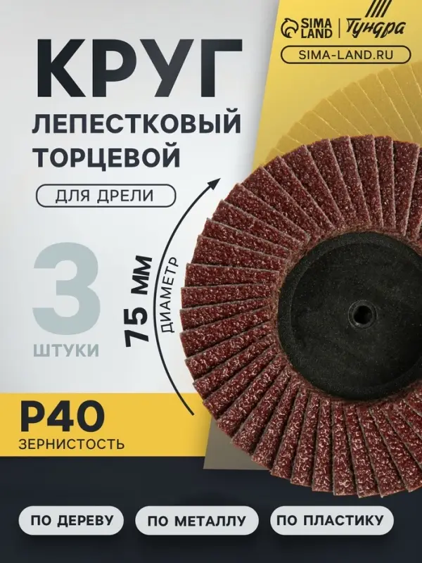 Круг лепестковый торцевой ТУНДРА, для дрели, М8, 75 мм, P40, 3 шт.