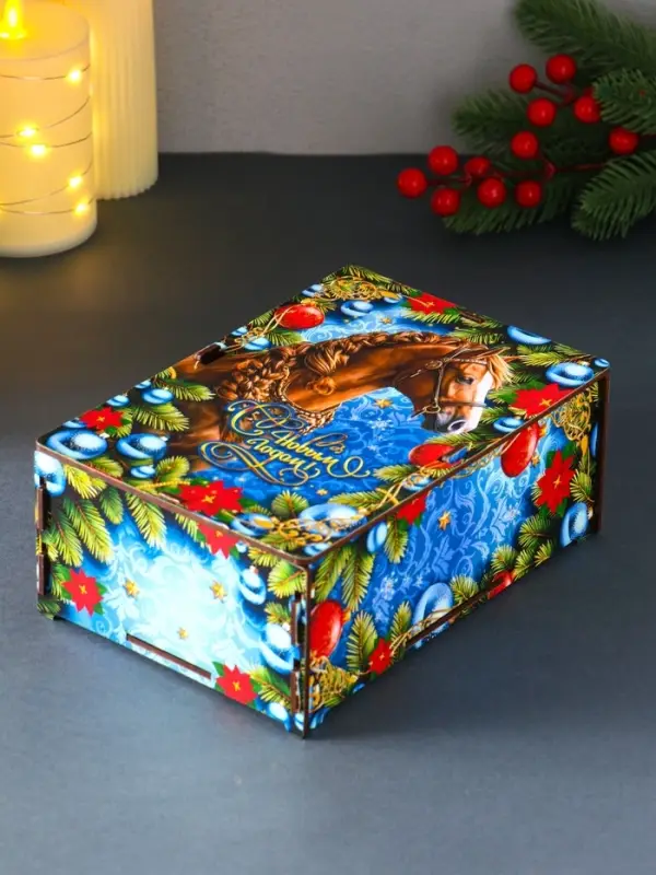 Шкатулка-ящик самосборный малый с символом года Шкатулка-ящик самосборный малый с символом года "Коричневая лошадь", 20х13,6х8 см