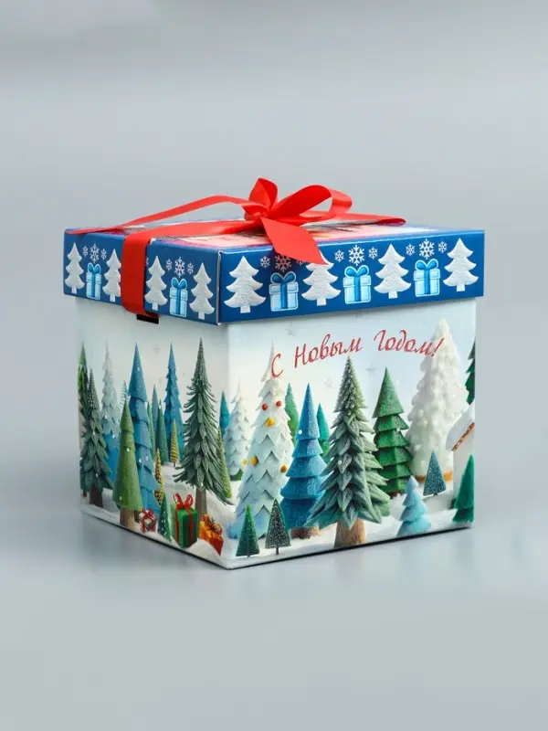 Подарочная новогодняя коробка крышка-дно с атласной лентой 17×17×17 см Подарочная новогодняя коробка крышка-дно с атласной лентой 17×17×17 см