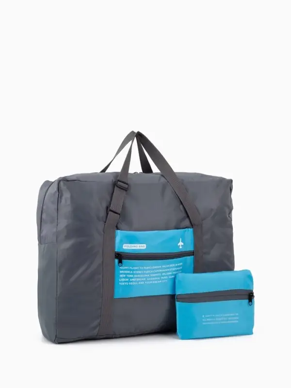 Сумка дорожная на молнии, складная в косметичку, наружный карман, держатель для чемодана, серая, голубая