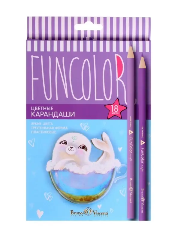 Карандаши цветные 18 цветов BrunoVisconti. FunColor, пластиковые, трёхгранные, МИКС