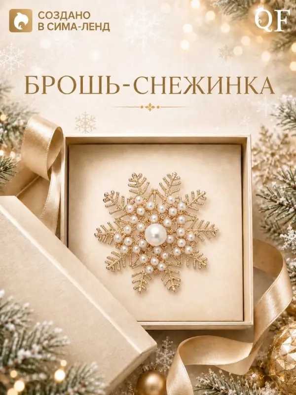 Брошь новогодняя &laquo;Снежинка с жемчугом&raquo;, белая в золоте