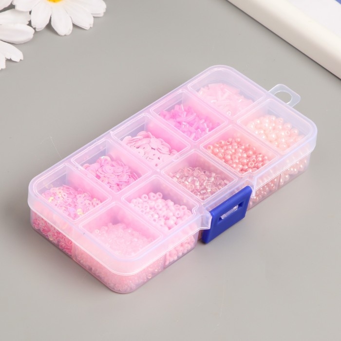 Бисер стекло 8/0, 12/0 в шкатулке  Бисер стекло 8/0, 12/0 в шкатулке "Розовый" бусины, стеклярус и пайетки 13х6,5х2,3 см