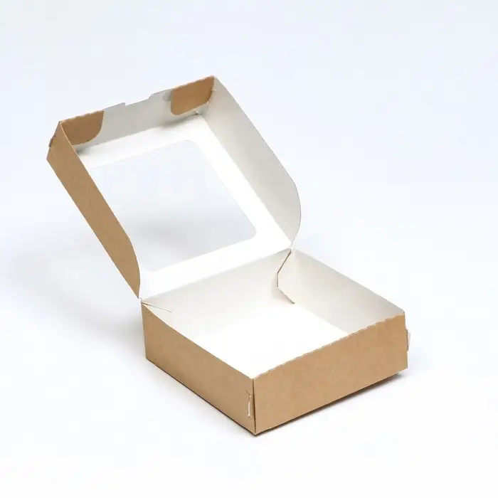 Коробка пищевая, с окном, крафт, 10×10×3.5 см