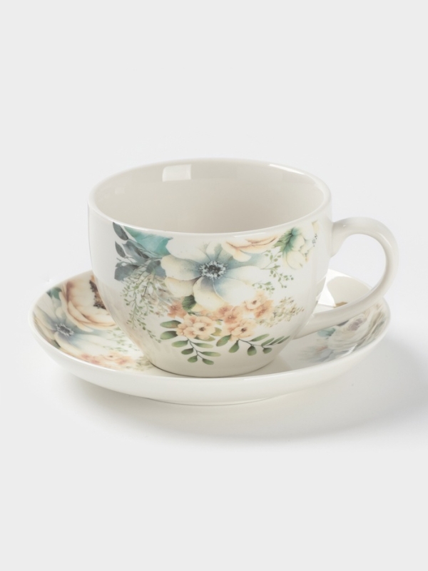 Чайная пара Доляна  Чайная пара Доляна "Цветы" цвет белый  чашка 250 мл, блюдце 15 см