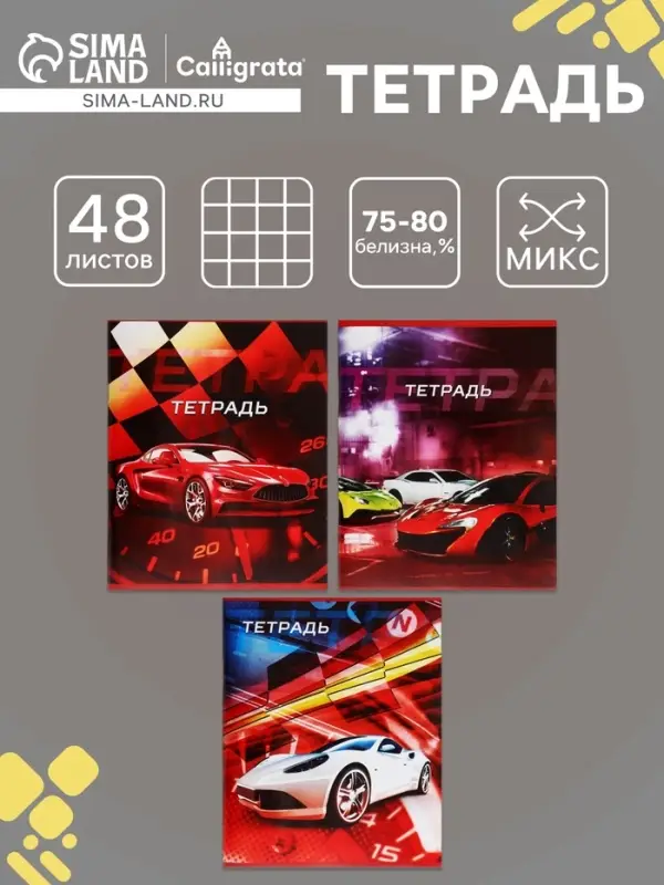 Тетрадь 48 листов в клетку, Calligrata «Авто», обложка мелованная бумага, серые листы, МИКС