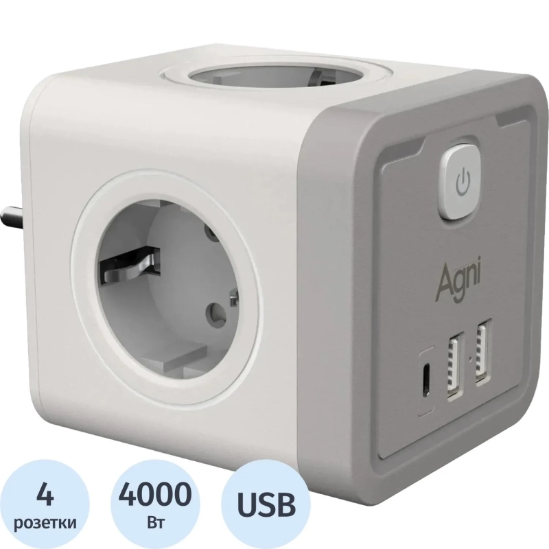 Тройник AGNI 4/220 + 2 USB + 1 Type C,белый(TP-WJ3U4E-C-white)