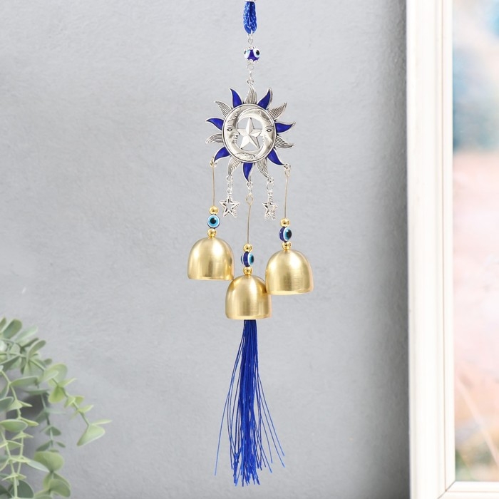 Музыка ветра металл Музыка ветра металл "Звезда, два месяца и солнце" синий, от сглаза 3 колокольчика 27 см