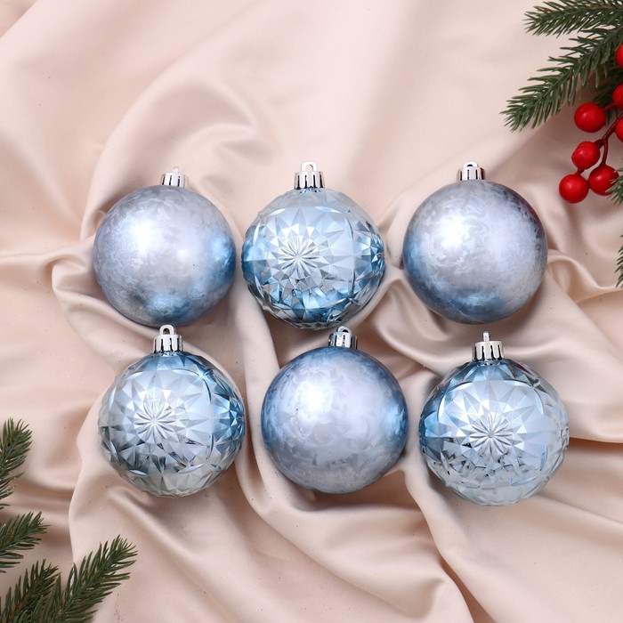 Ёлочные игрушки, шары новогодние , пластик, набор d-7 см, 6 шт Ёлочные игрушки, шары новогодние , пластик, набор d-7 см, 6 шт "Калейдоскоп ассорти" голубой