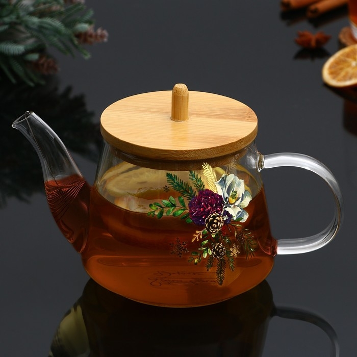 Новый год. Чайник заварочный стеклянный с бамбуковой крышкой «Зимние истории», 600 мл Новый год. Чайник заварочный стеклянный с бамбуковой крышкой «Зимние истории», 600 мл