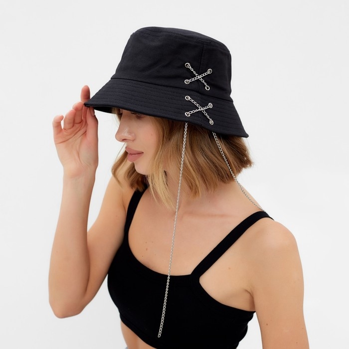 Панама женская MINAKU с цепочкой, цвет черный, р-р 56--58 Панама женская MINAKU с цепочкой, цвет черный, р-р 56--58