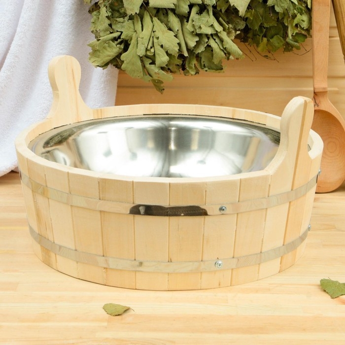 Шайка из липы, 9 л, круглая, нержавеющая вставка, Шайка из липы, 9 л, круглая, нержавеющая вставка, "Добропаровъ"