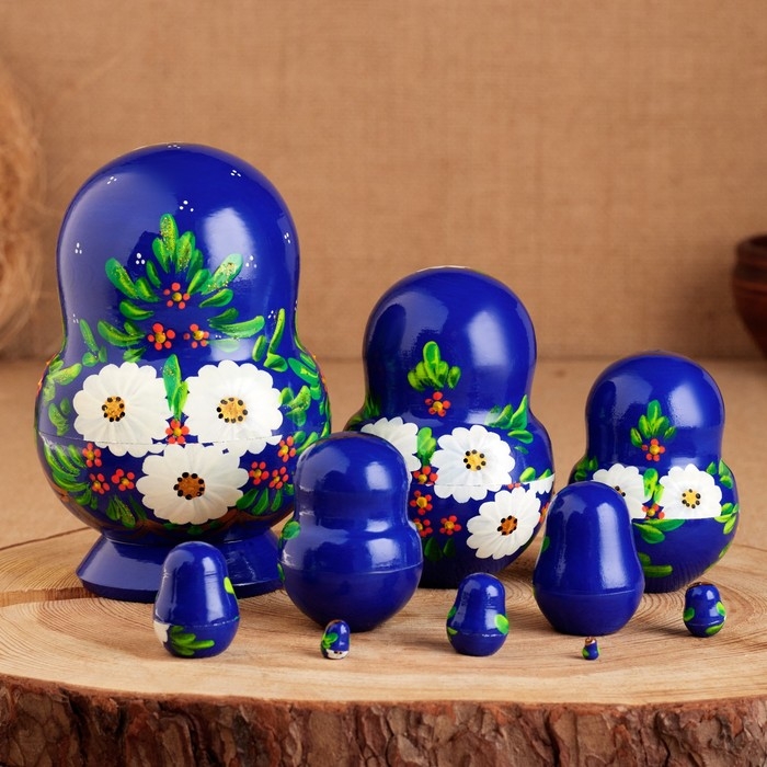 Матрёшка «Белые цветы», синее платье, 10 кукольная, 12 см Матрёшка «Белые цветы», синее платье, 10 кукольная, 12 см