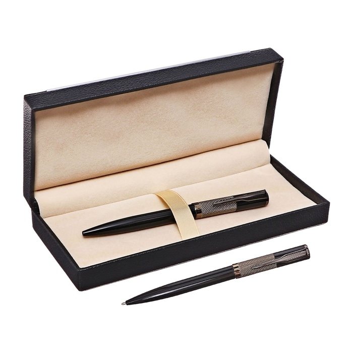 Ручка подарочная шариковая в кожзам футляре поворотная ПБ корпус черный/бронза Ручка подарочная шариковая в кожзам футляре поворотная ПБ корпус черный/бронза