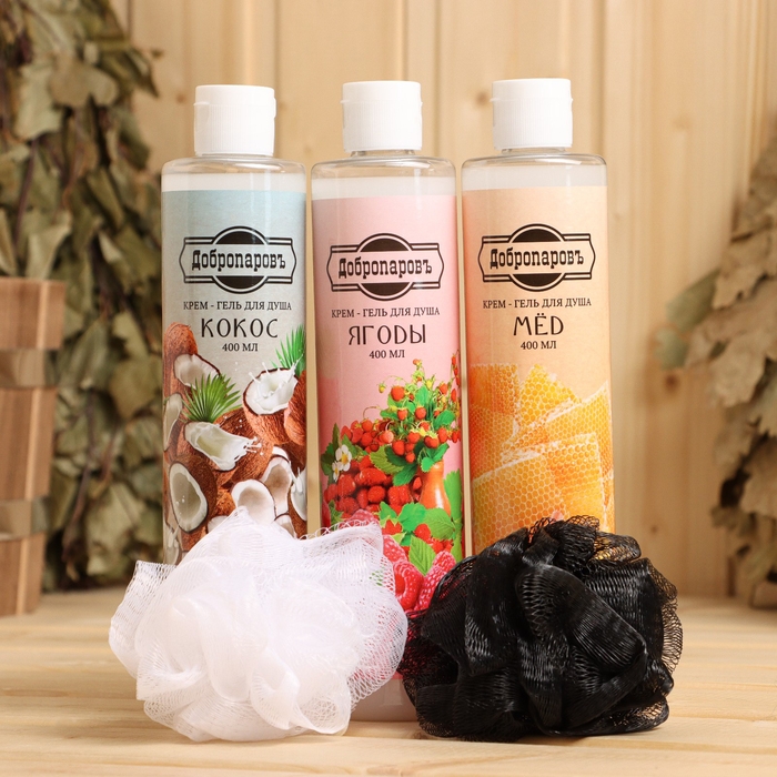 Гель для душа Гель для душа "Кокос, Ягоды, Мёд", 3 шт по 400 мл + 2 мочалки