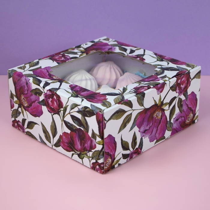 Коробка самосборная, с окном, Коробка самосборная, с окном, "Акварельные цветы", 19 х 19 х 9 см