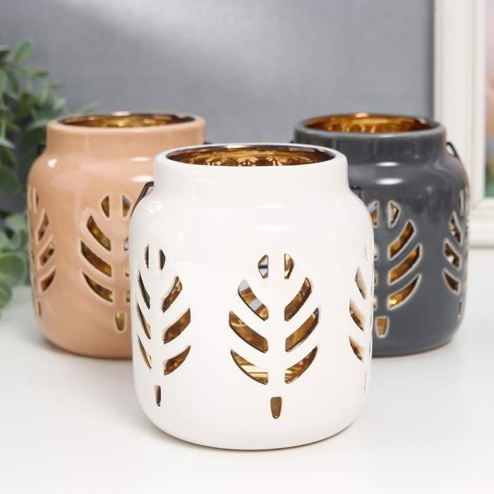 Подсвечник керамика на 1 свечу Подсвечник керамика на 1 свечу "Фонарь. Листья" внутри золото МИКС 11,5х9,5х9,5 см