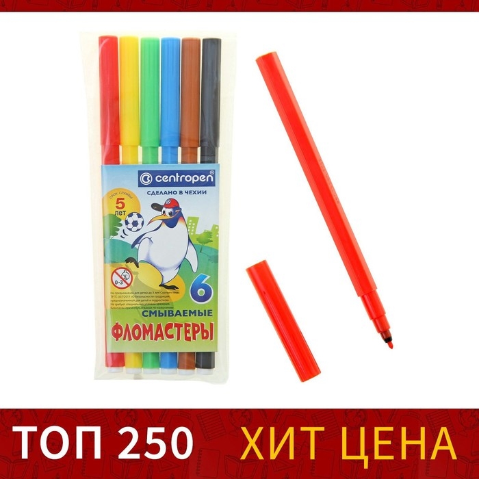 Фломастеры 6 цветов Centropen Пингвины 7790/06, линия 1.0 мм, пластиковый конверт Фломастеры 6 цветов Centropen Пингвины 7790/06, линия 1.0 мм, пластиковый конверт