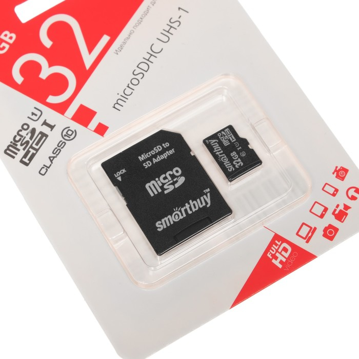 Карта памяти Smartbuy microSD, 32 Гб, SDHC, UHS-I, класс 10, с адаптером SD Карта памяти Smartbuy microSD, 32 Гб, SDHC, UHS-I, класс 10, с адаптером SD